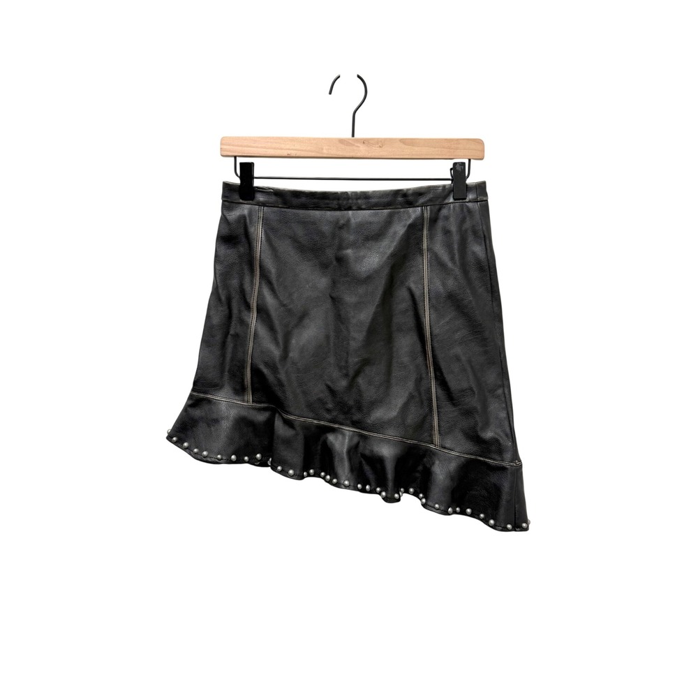 Zara Basic Black Faux Leather Studded Asymmetrical Ruffle Mini Skirt Small - Picture 2 of 9